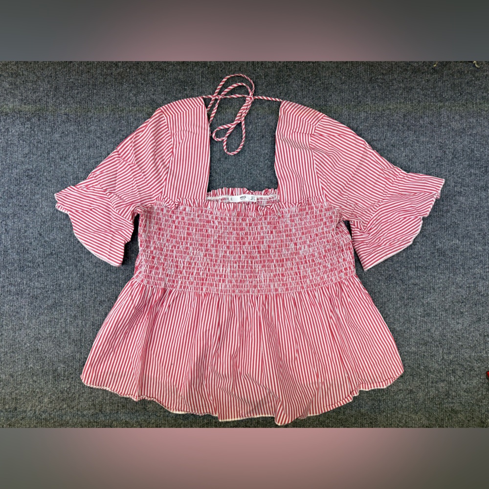 Mango MNG Red White Striped Smocked Tie Back Peplum Top Size 4